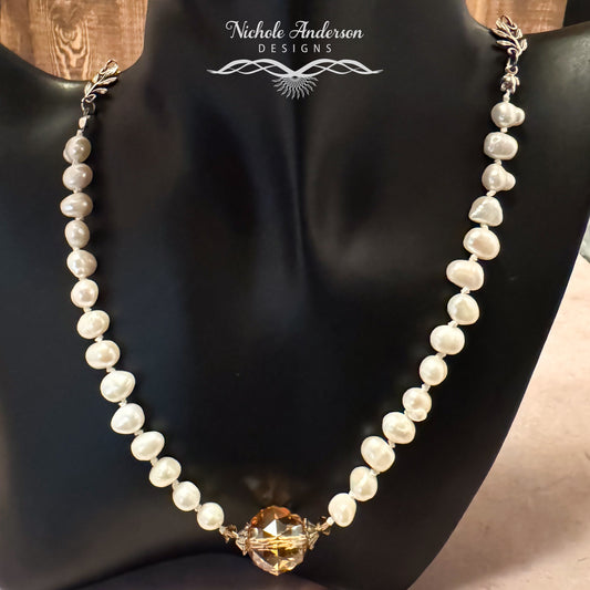 Knotted Pearl Amber Faceted Glass Necklace, 21 inches long