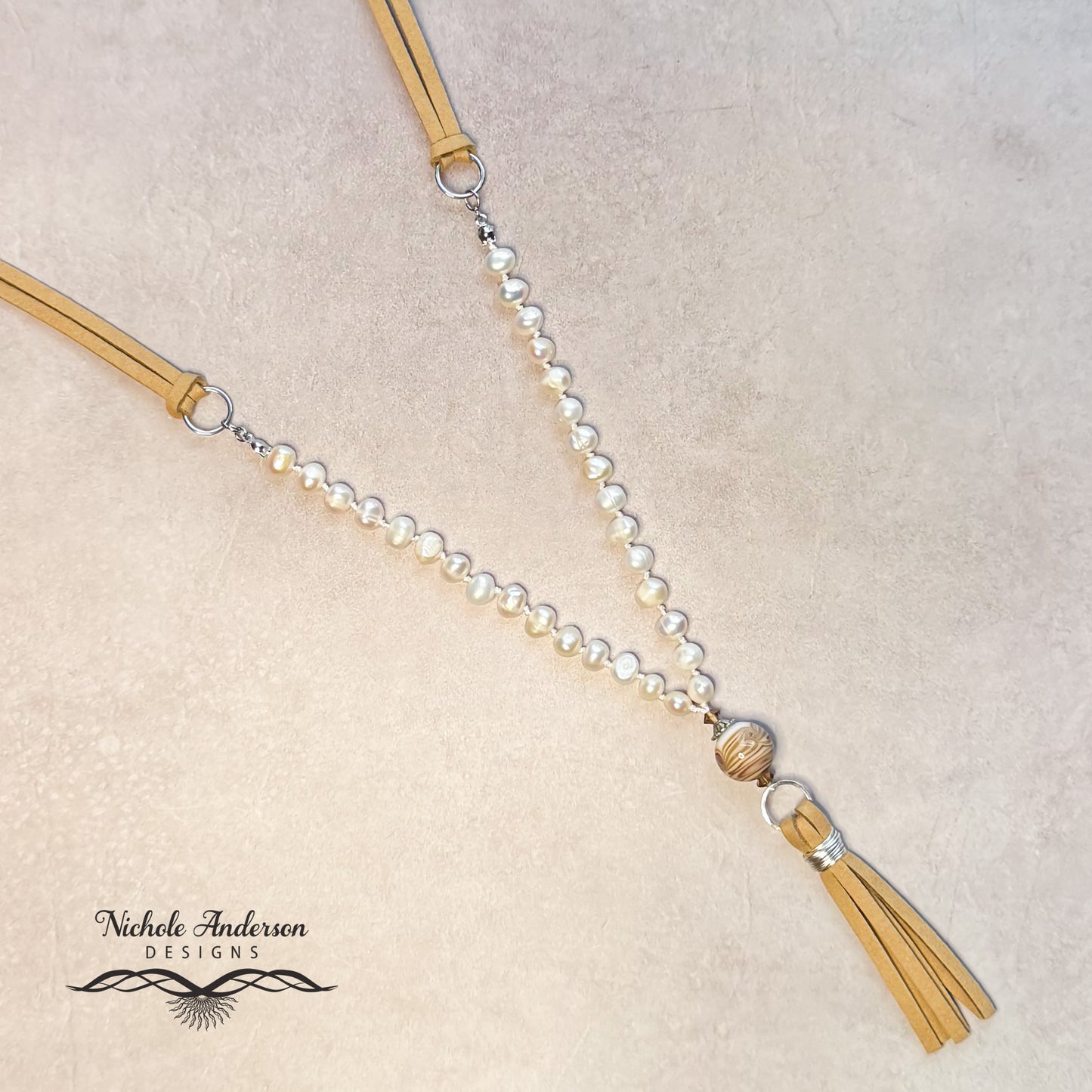 Knotted Pearl Faux Suede Lampwork Necklace, 30 inches length, Pendant 3 1/2 long