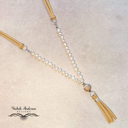 Knotted Pearl Faux Suede Lampwork Necklace, 30 inches length, Pendant 3 1/2 long