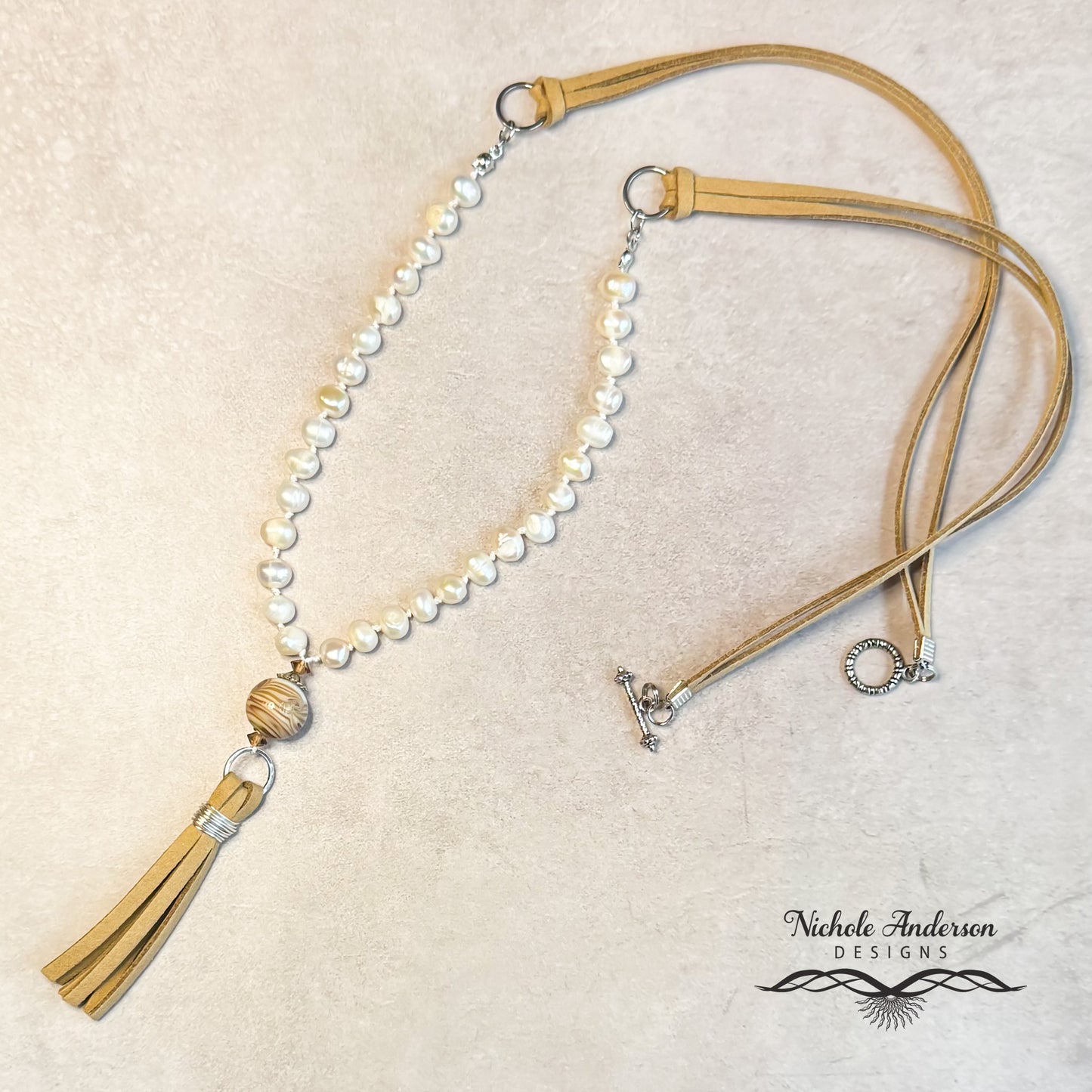 Knotted Pearl Faux Suede Lampwork Necklace, 30 inches length, Pendant 3 1/2 long