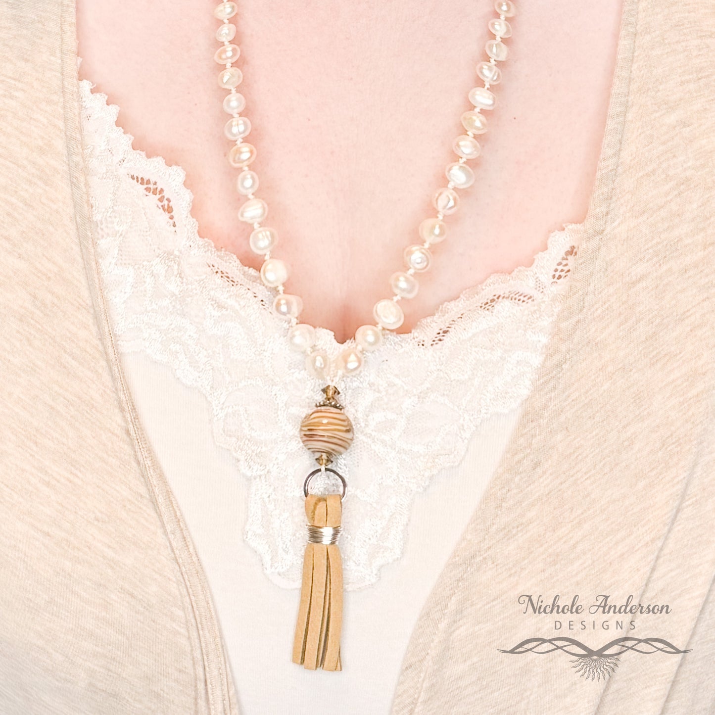 Knotted Pearl Lampwork Long Necklace