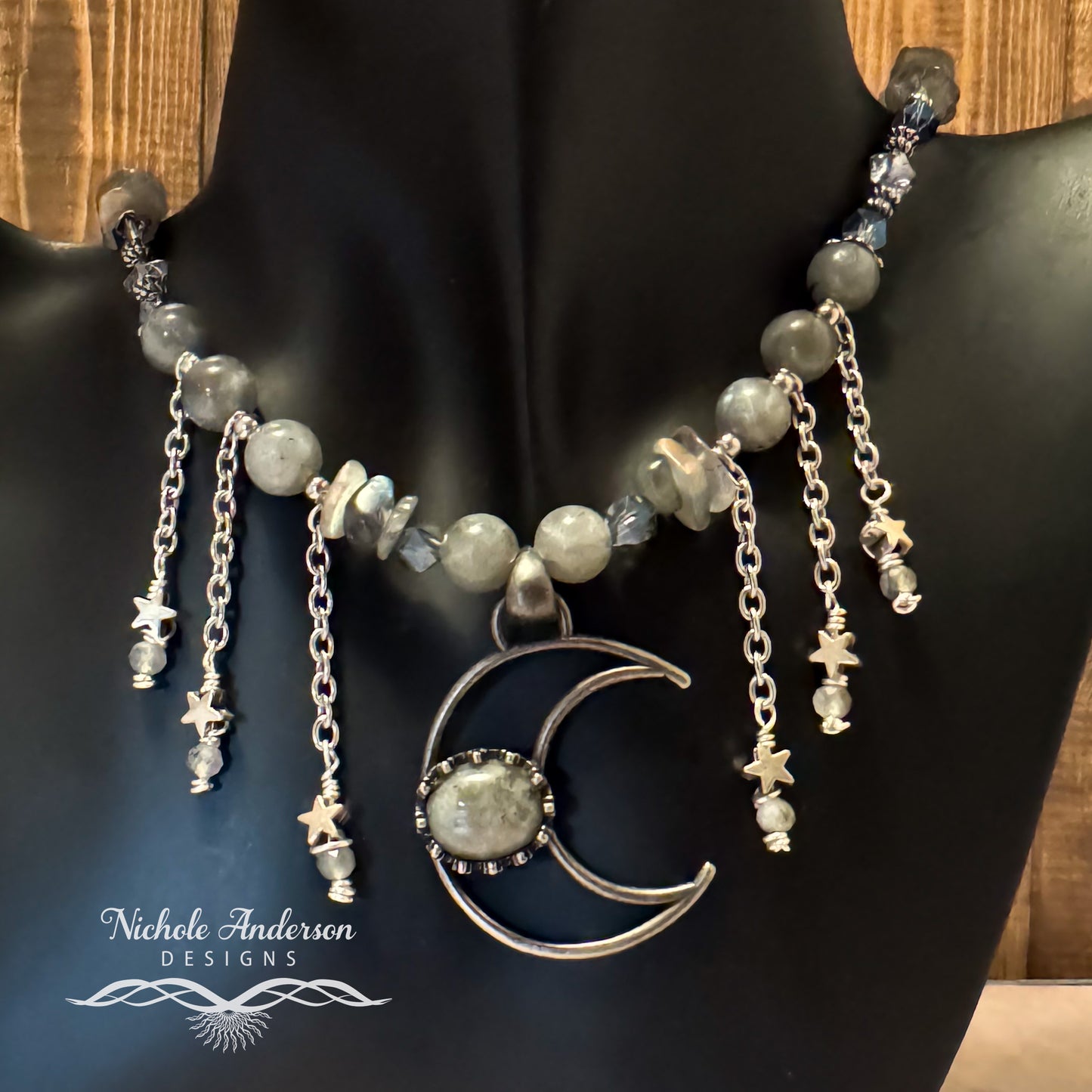 Laboradorite Crescent Moon Necklace and Earring Set, 22 inches length,  1 1/2 Crescent Focal