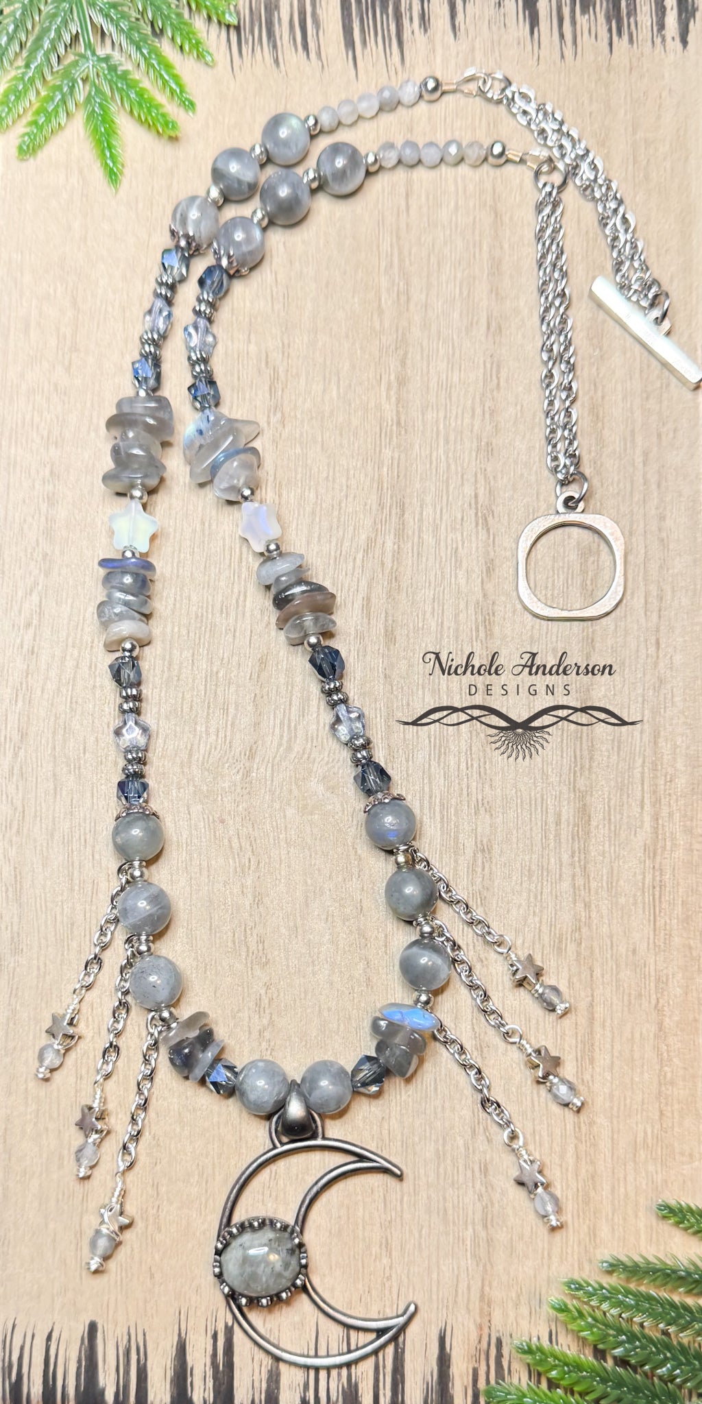 Laboradorite Crescent Moon Necklace and Earring Set, 22 inches length,  1 1/2 Crescent Focal