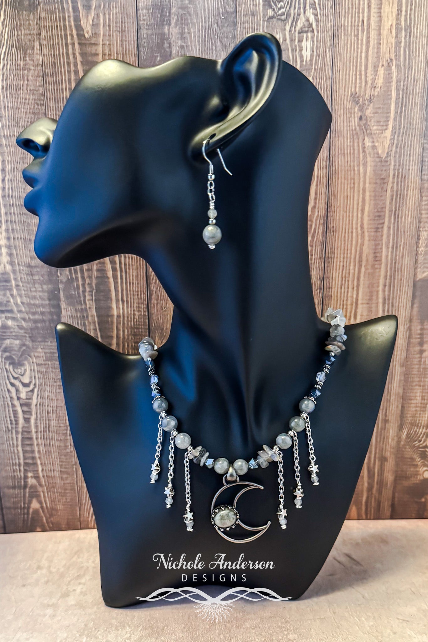 Laboradorite Crescent Moon Necklace and Earring Set, 22 inches length,  1 1/2 Crescent Focal