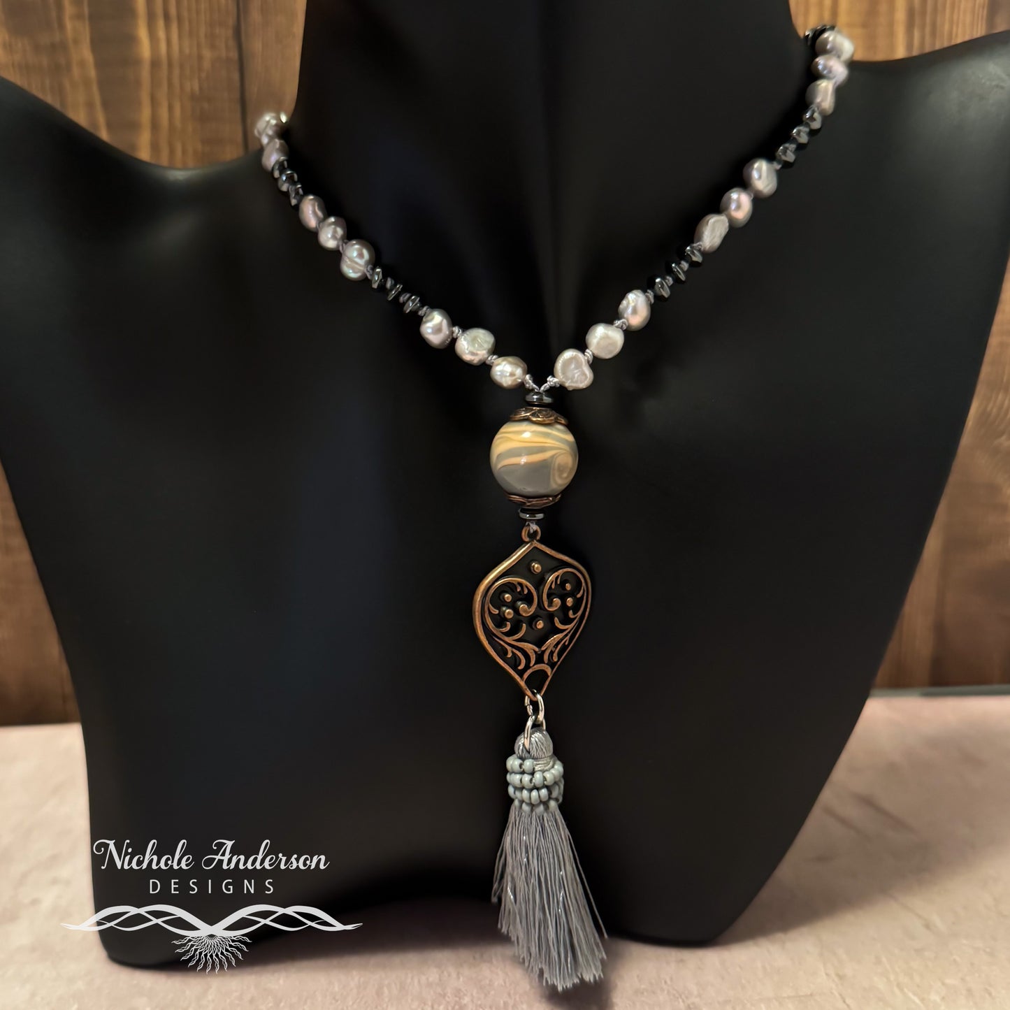 Majestic Swirled Focal and Pearls Necklace, 20 inches in length, 2 inch extender chain,  focal 3 1/2 inches long.