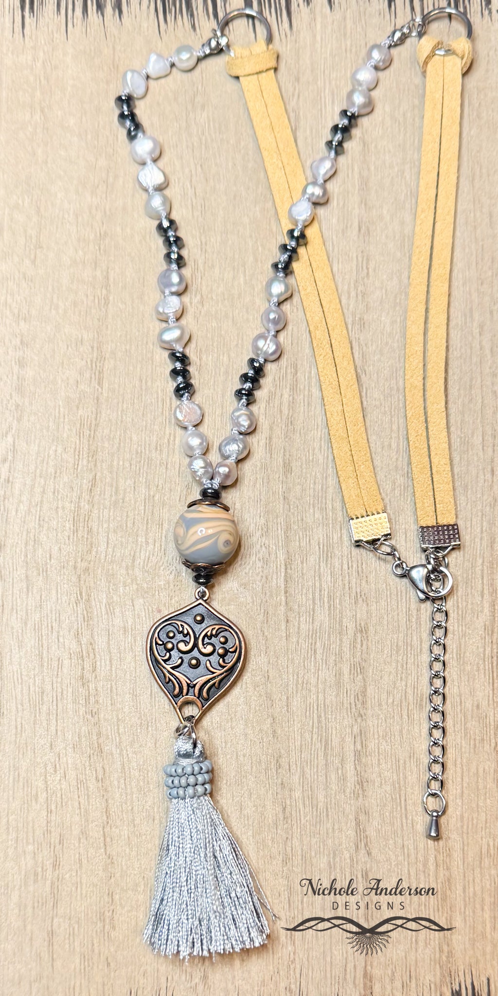 Majestic Swirled Focal and Pearls Necklace, 20 inches in length, 2 inch extender chain,  focal 3 1/2 inches long.