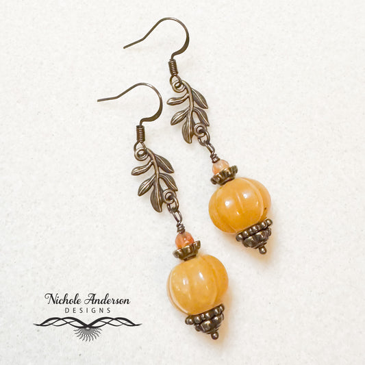 Carved Jade Pumpkin Quartz Earrings