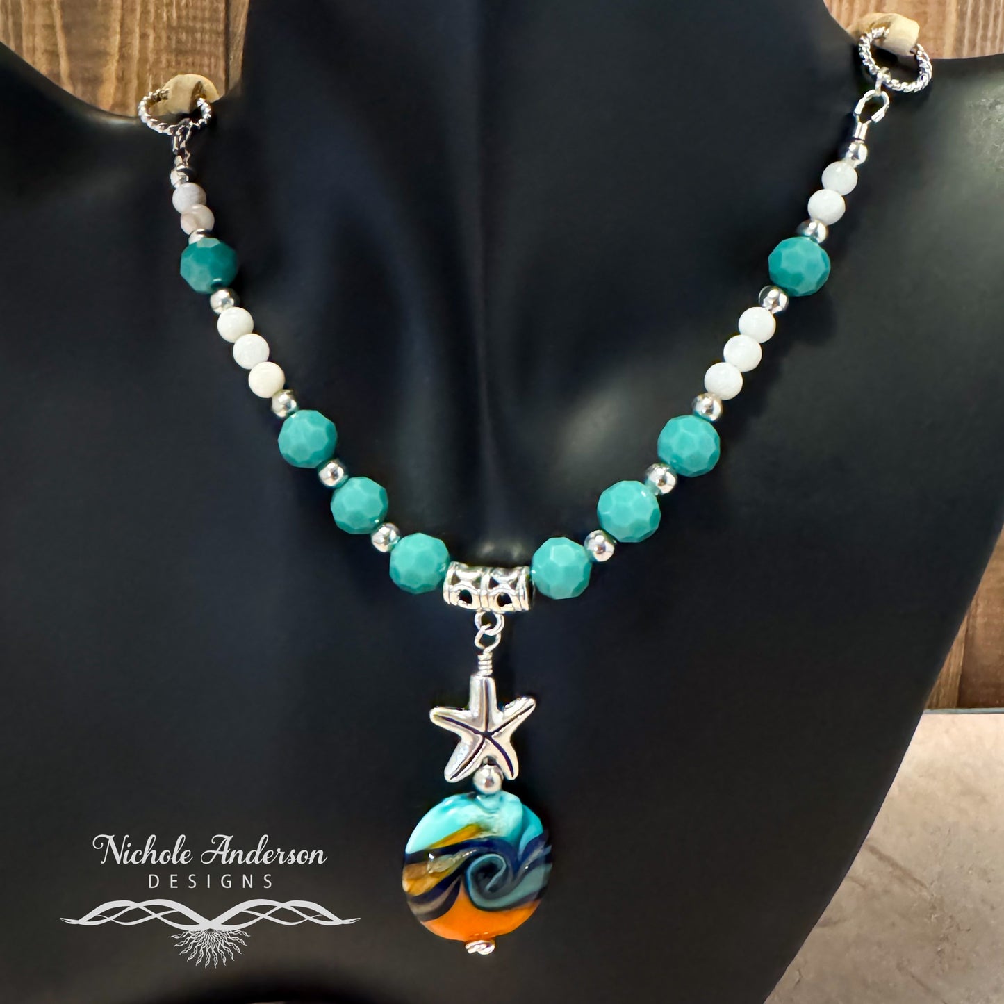 Ocean Swirl Lampwork Necklace, 21 inches in length, 1 1/2inch Lampwork focal