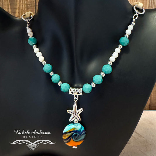 Ocean Swirl Lampwork Necklace, 21 inches in length, 1 1/2inch Lampwork focal
