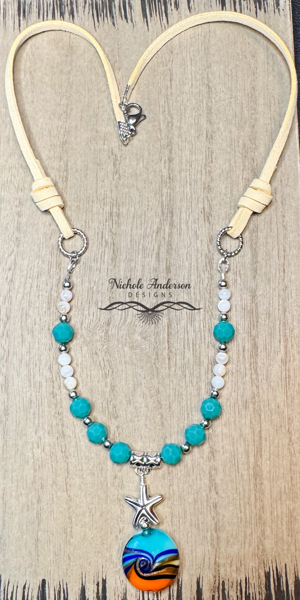 Ocean Swirl Lampwork Necklace, 21 inches in length, 1 1/2inch Lampwork focal