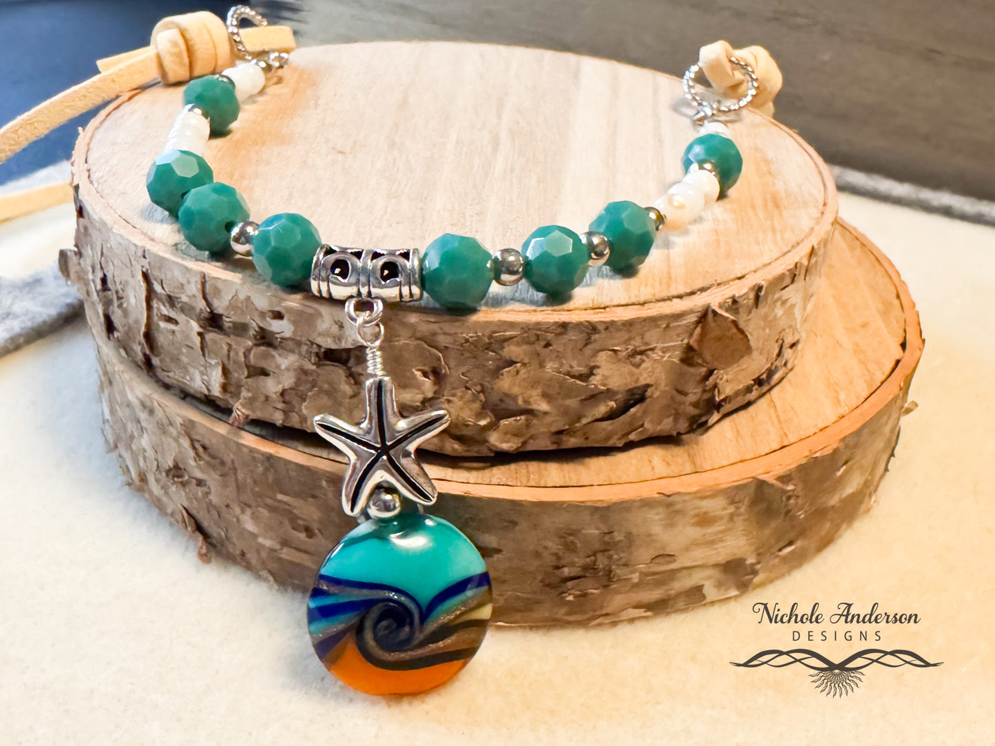 Ocean Swirl Lampwork Necklace, 21 inches in length, 1 1/2inch Lampwork focal