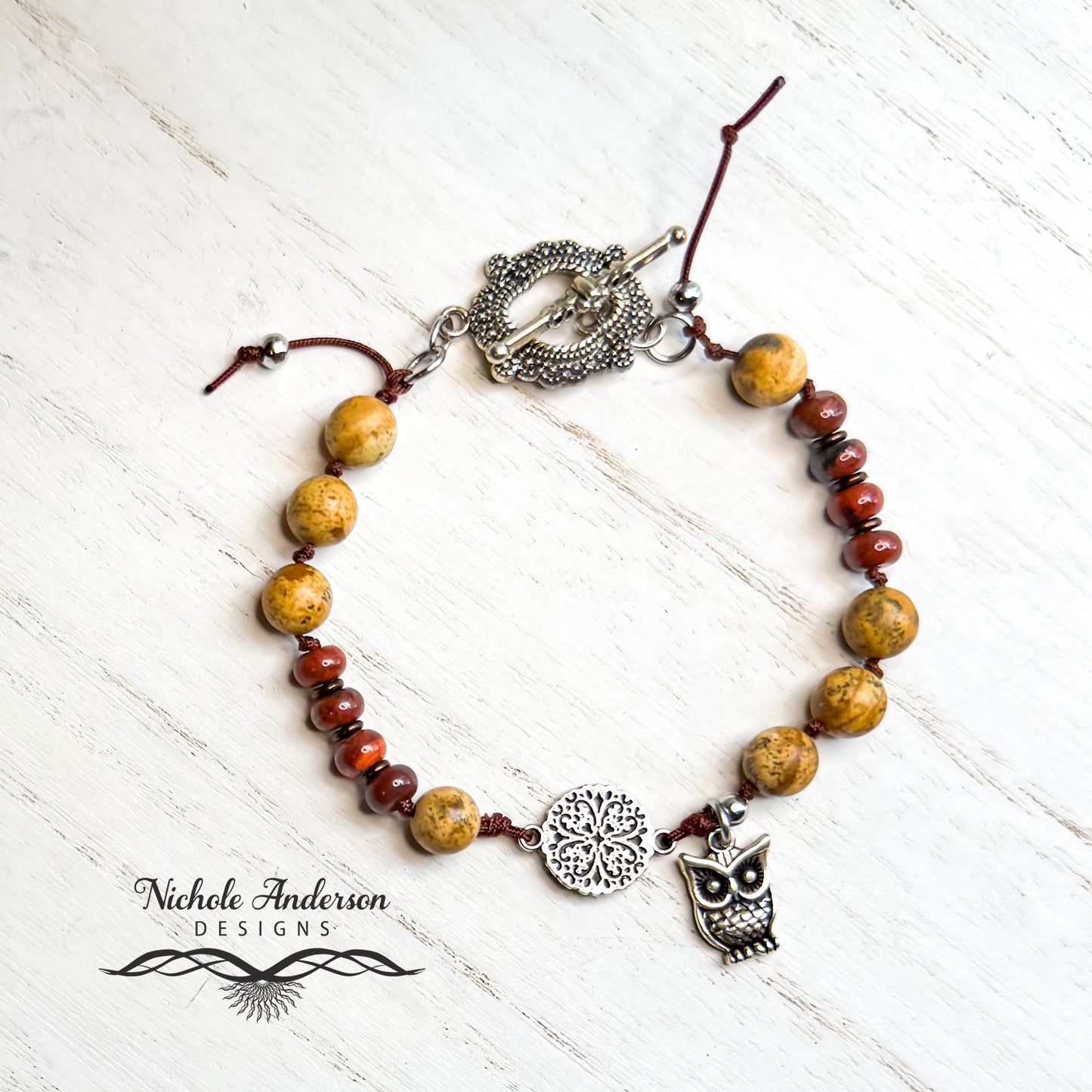 Picture and Red Rainbow Jasper Owl Bracelet, 7 1/2 inches