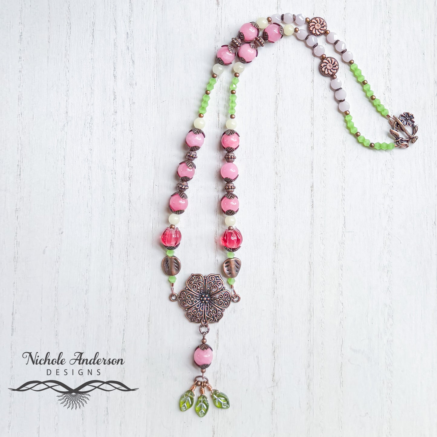 Pink Quartz Spring Necklace, 22 inches length,  Focal is 2inches long