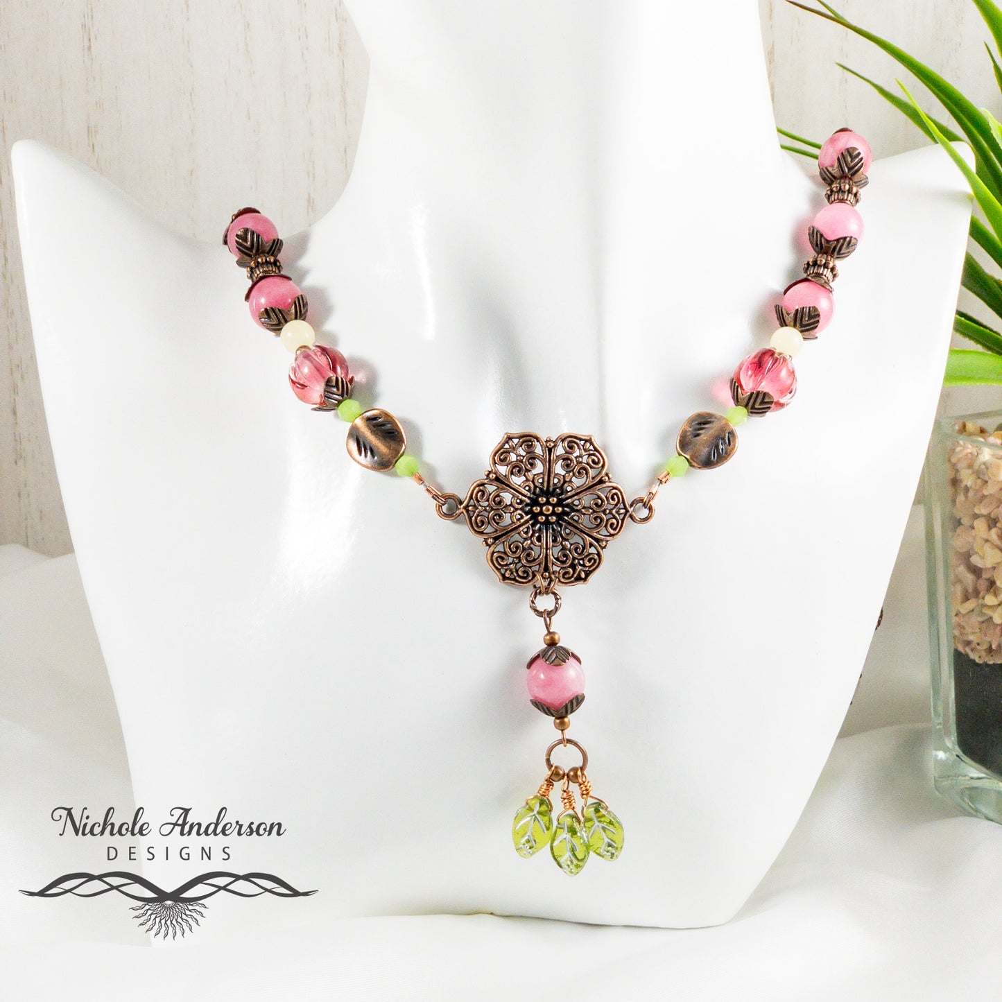 Pink Quartz Spring Necklace, 22 inches length,  Focal is 2inches long