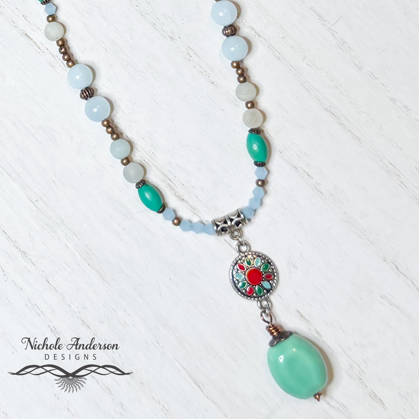 Porcelain Glazed Flower Necklace, 19 inches, Focal is 2 inches in length