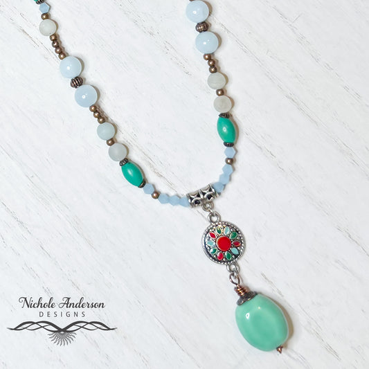 Porcelain Glazed Flower Necklace, 19 inches, Focal is 2 inches in length