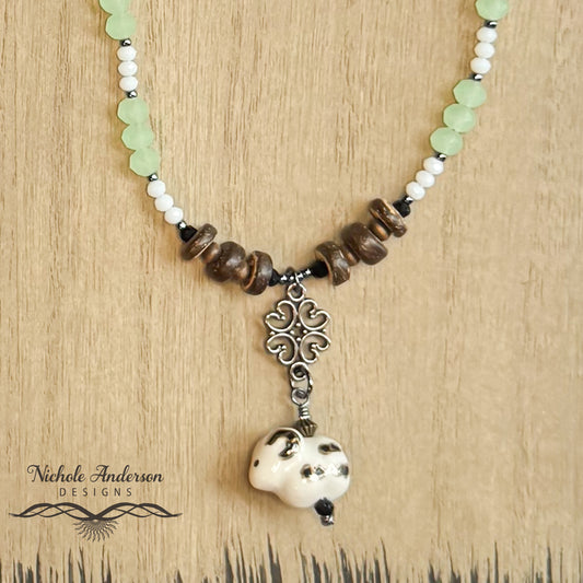 Porcelain Sheep Necklace, 18 inches length, Focal 2 inches long