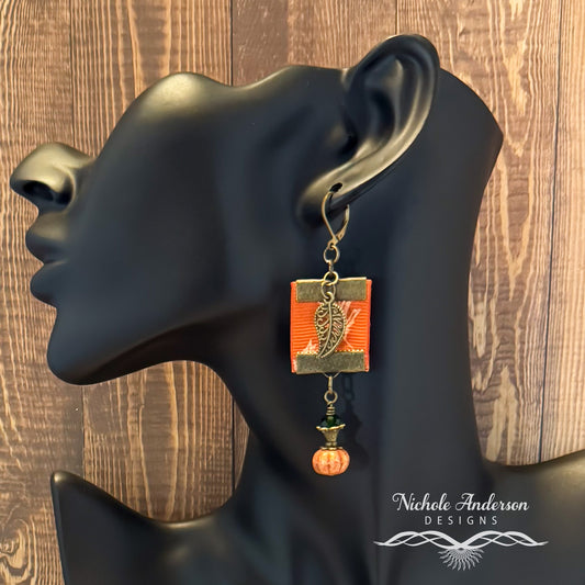 Pumpkin Bronze Leaf Ribbon Earrings