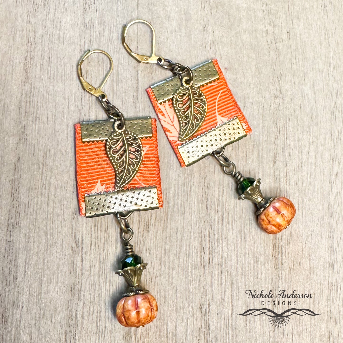 Pumpkin Bronze Leaf Ribbon Earrings