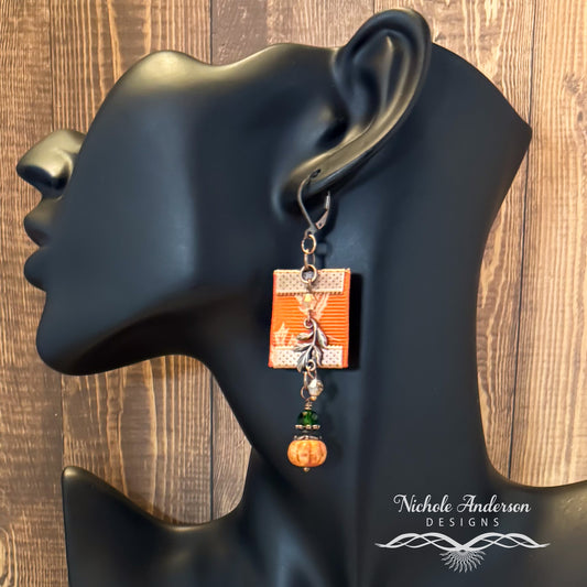 Pumpkin Copper Branch Ribbon Earrings