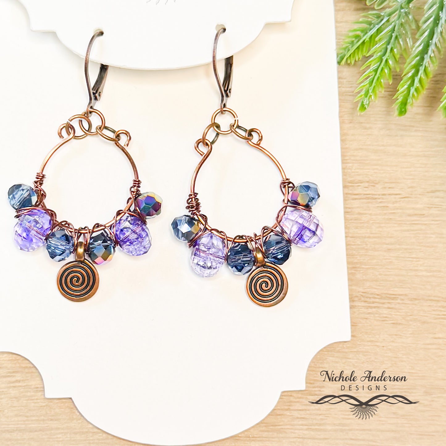 Purple Iris Copper Swirl Earrings