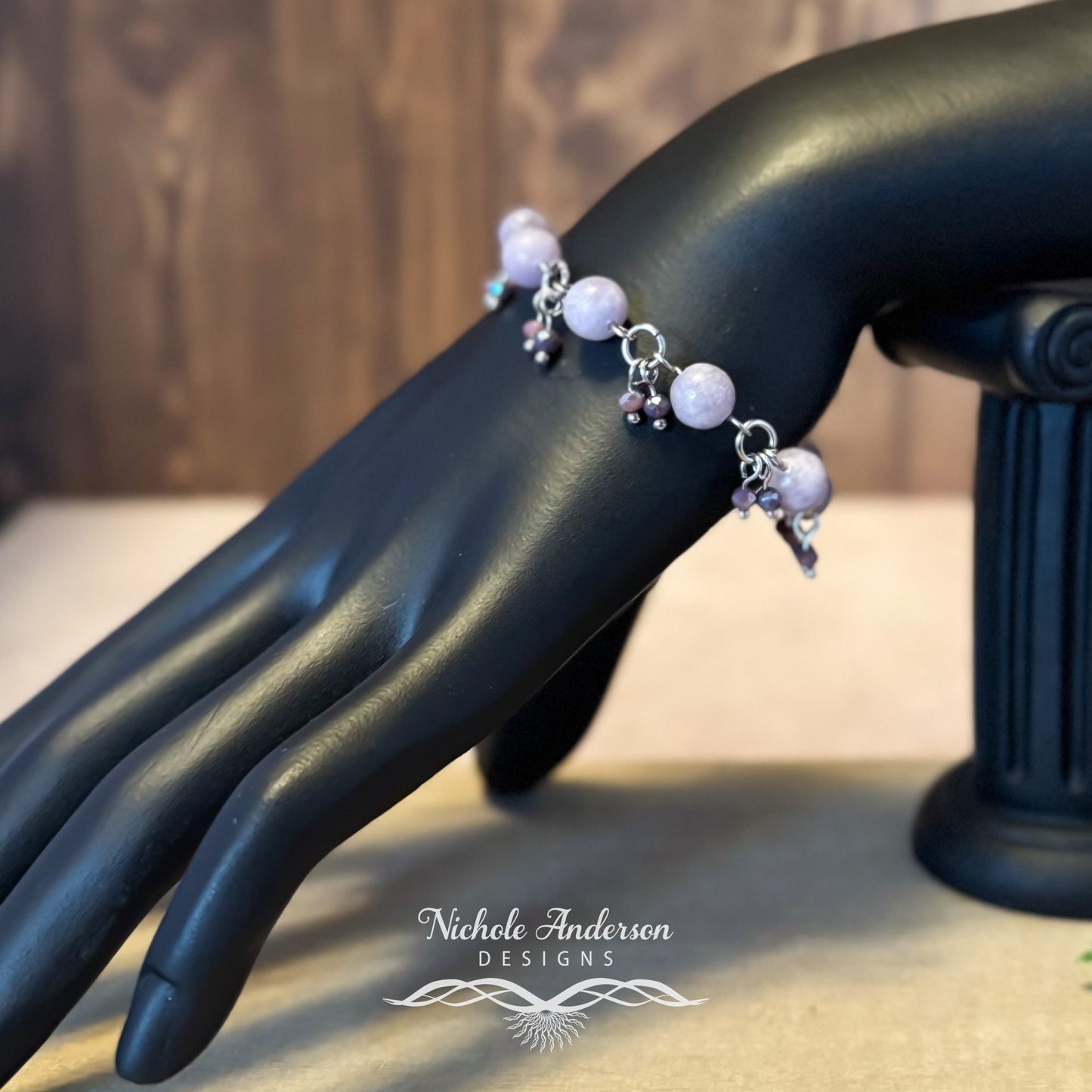 Purple Lepidolite Dangle Bracelet, Adjustable 6 3/4 to 8 inches