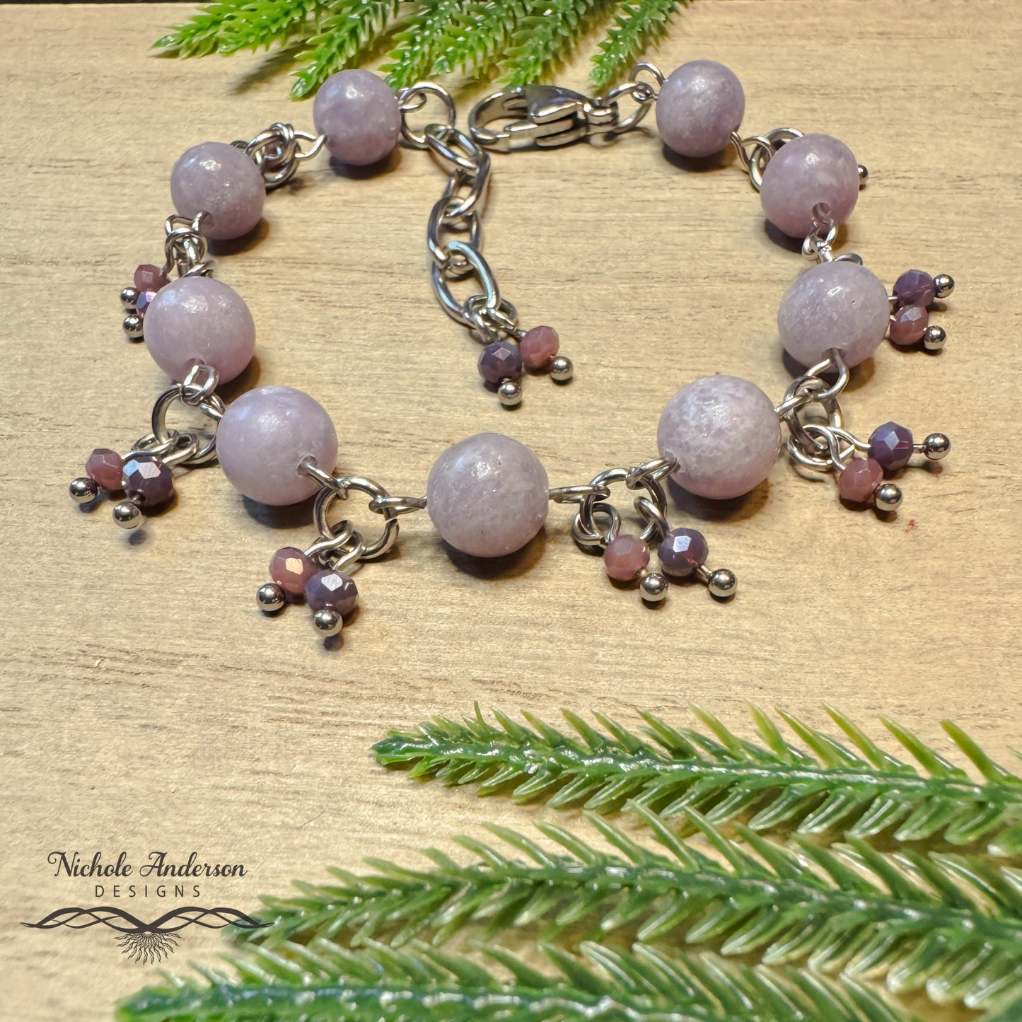 Purple Lepidolite Dangle Bracelet, Adjustable 6 3/4 to 8 inches