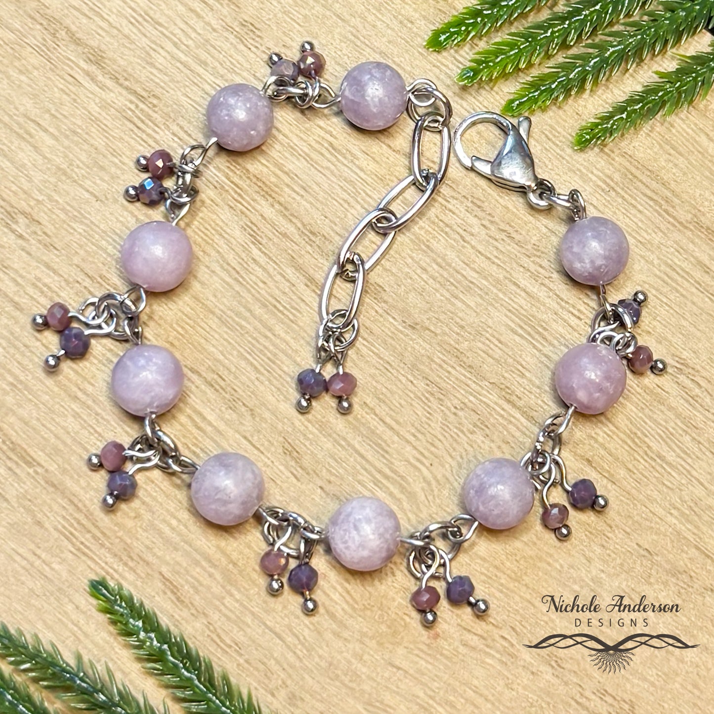 Purple Lepidolite Dangle Bracelet, Adjustable 6 3/4 to 8 inches