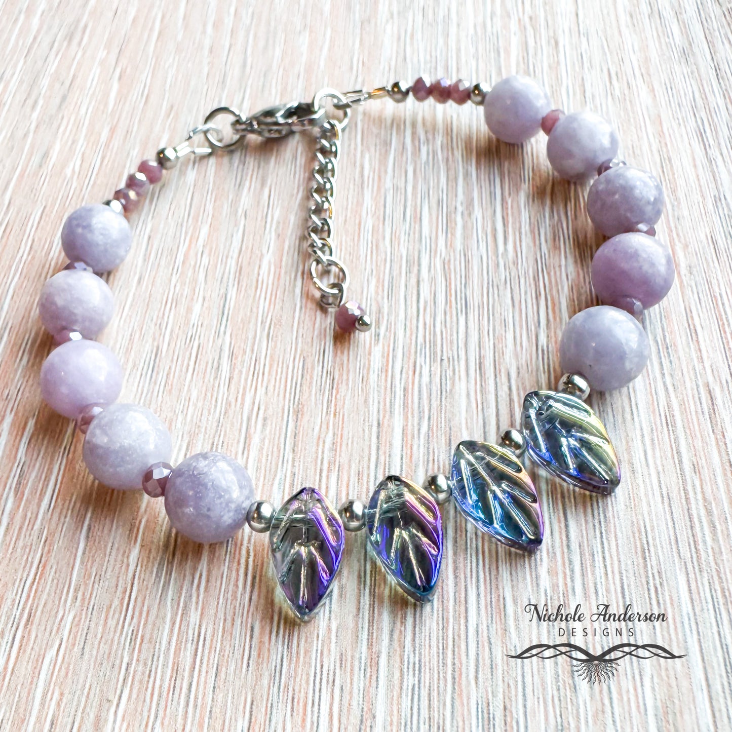 Purple Lepidolite, Leaves Bracelet, Adjustable 6 3/4 - 8 inches