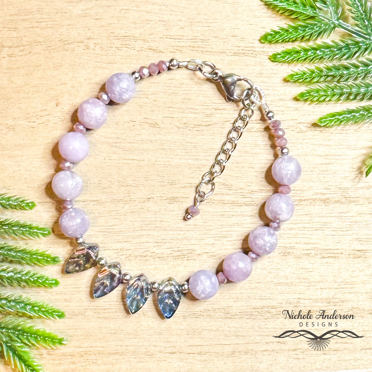 Purple Lepidolite, Leaves Bracelet, Adjustable 6 3/4 - 8 inches