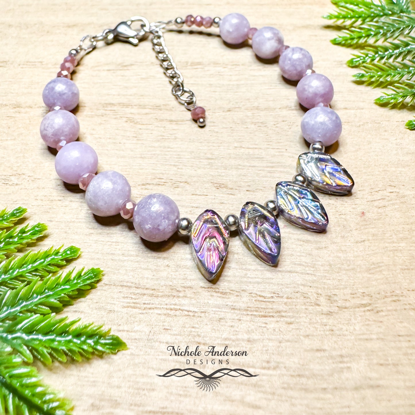 Purple Lepidolite, Leaves Bracelet, Adjustable 6 3/4 - 8 inches