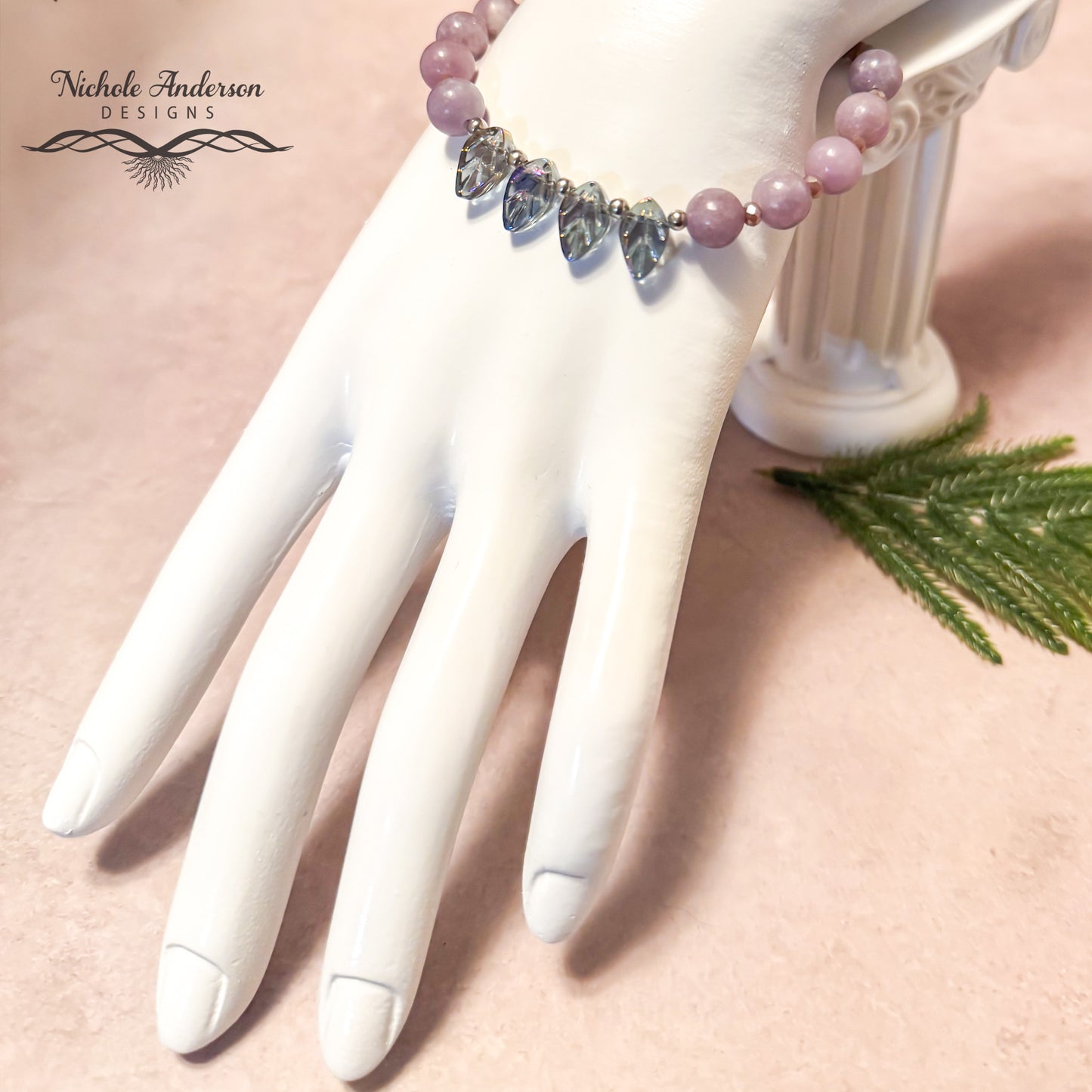 Purple Lepidolite, Leaves Bracelet, Adjustable 6 3/4 - 8 inches