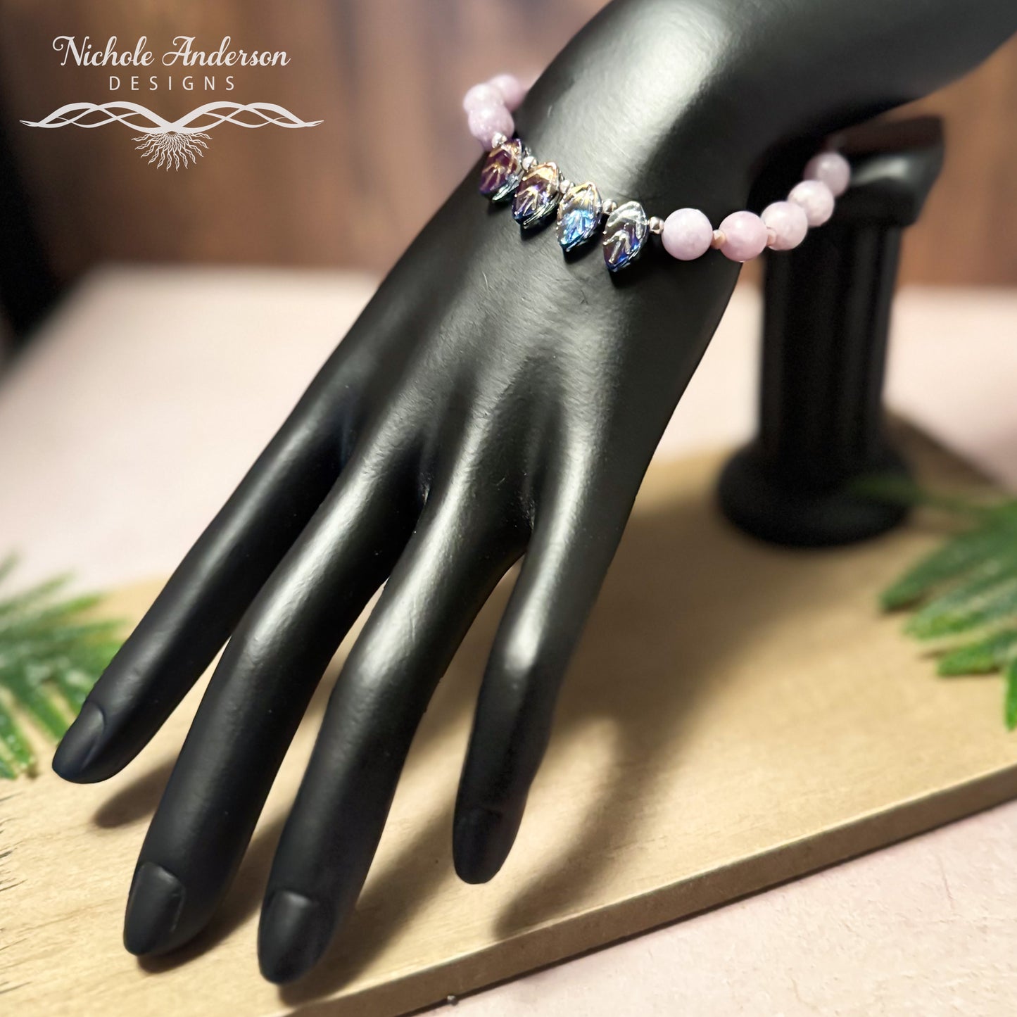 Purple Lepidolite, Leaves Bracelet, Adjustable 6 3/4 - 8 inches