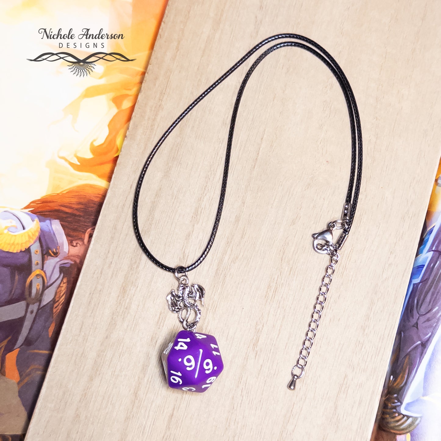 Purple & White D20 Die Necklace, 17 inches long, 2 inch extender, 2 inch focal