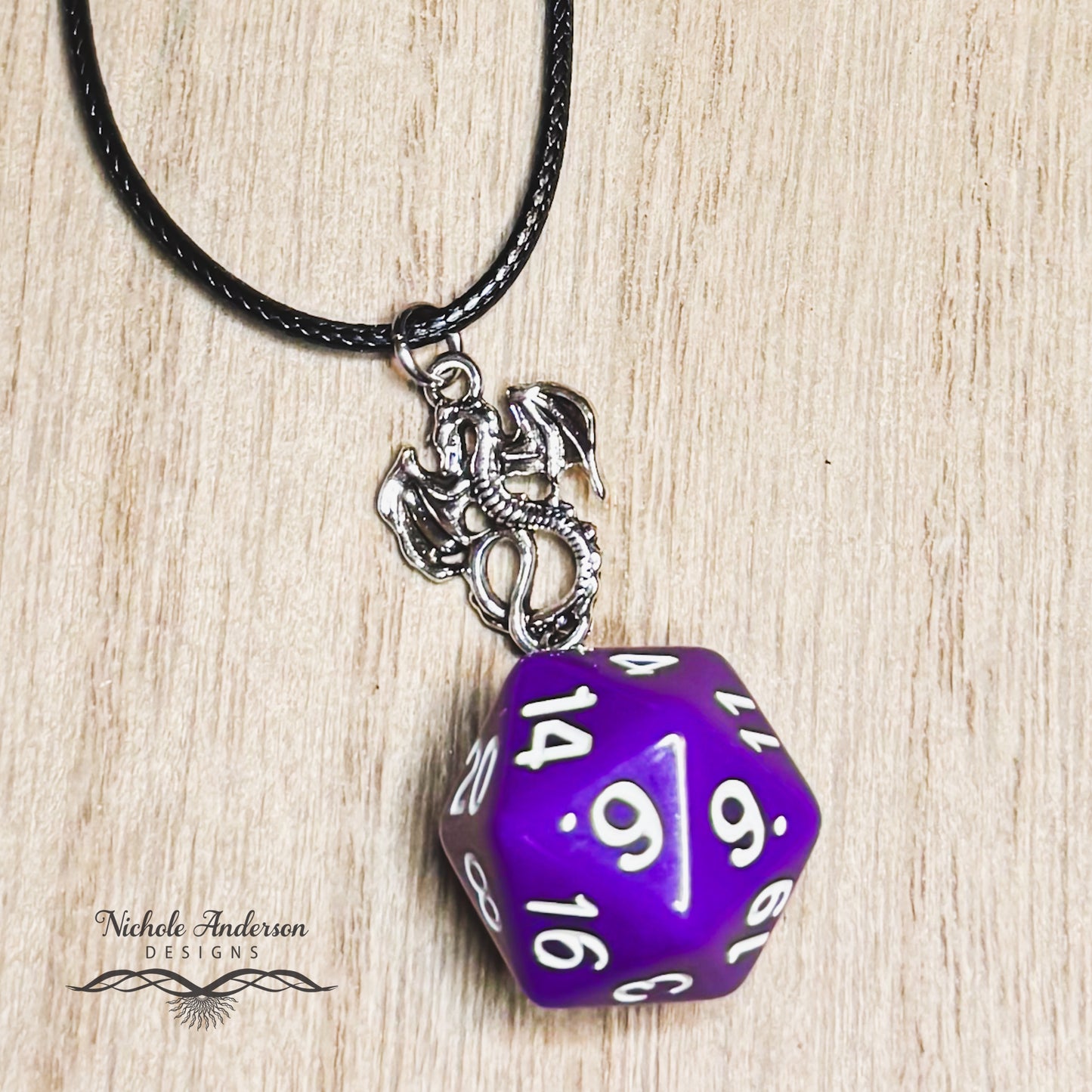 Purple & White D20 Die Necklace, 17 inches long, 2 inch extender, 2 inch focal