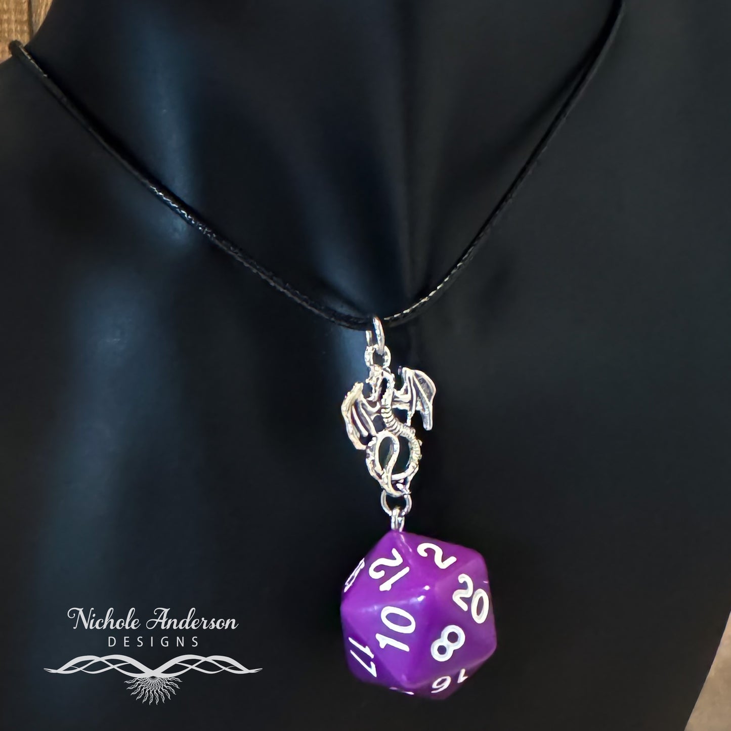 Purple & White D20 Die Necklace, 17 inches long, 2 inch extender, 2 inch focal