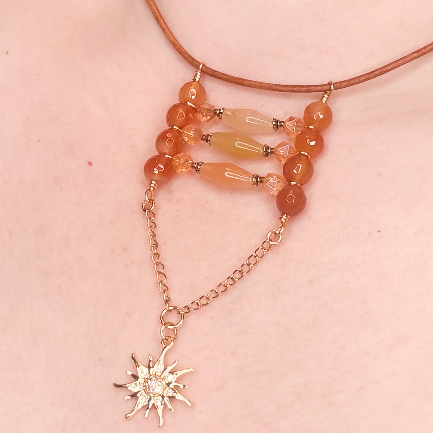 Red Agate & Aventurine Pendant Necklace | Leather Cord