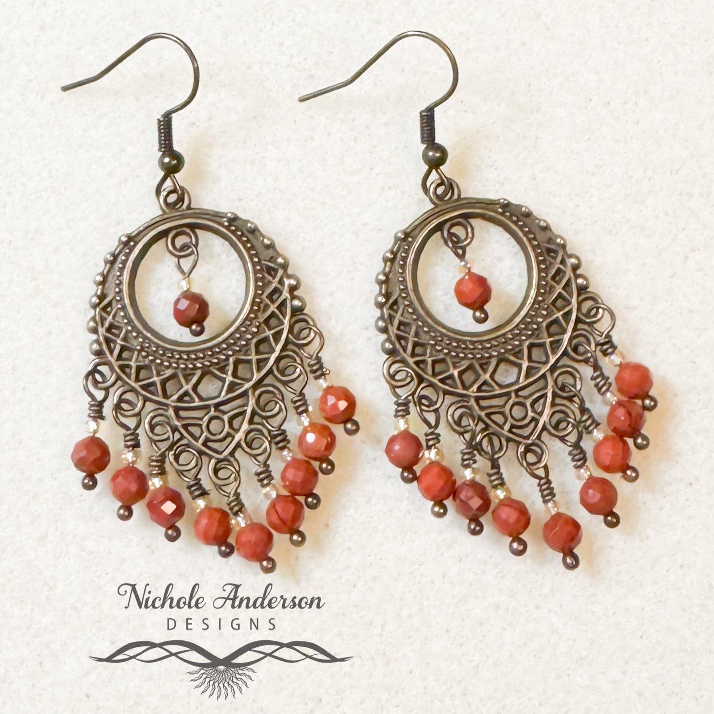 Red Jasper Bronze Chandelier Earrings