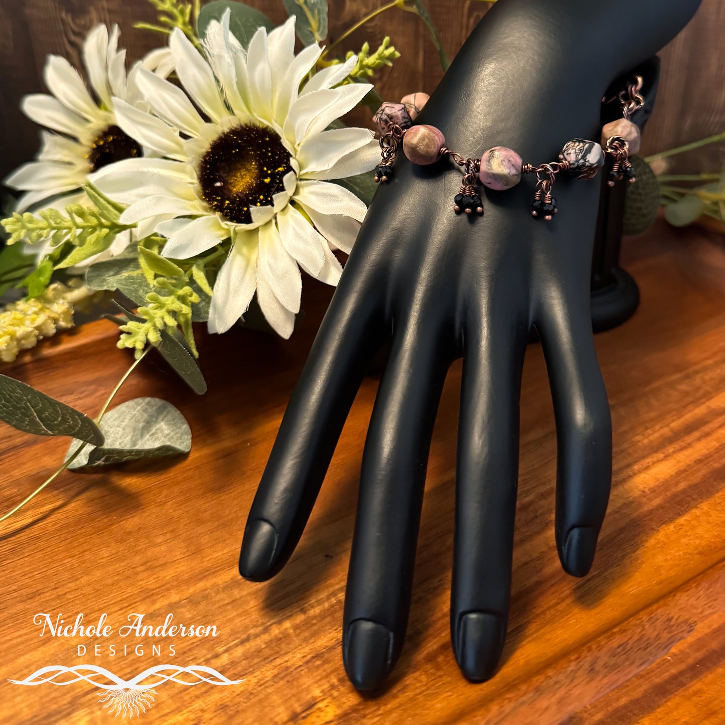 Rhodonite & Spinel Wire-Wrapped Bracelet | Antique Copper Artisan Jewelry