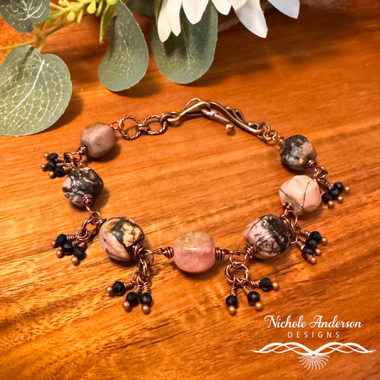 Rhodonite & Spinel Wire-Wrapped Bracelet | Antique Copper Artisan Jewelry
