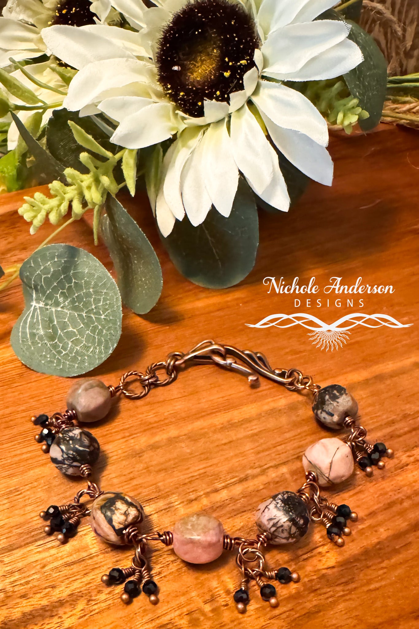 Rhodonite & Spinel Wire-Wrapped Bracelet | Antique Copper Artisan Jewelry