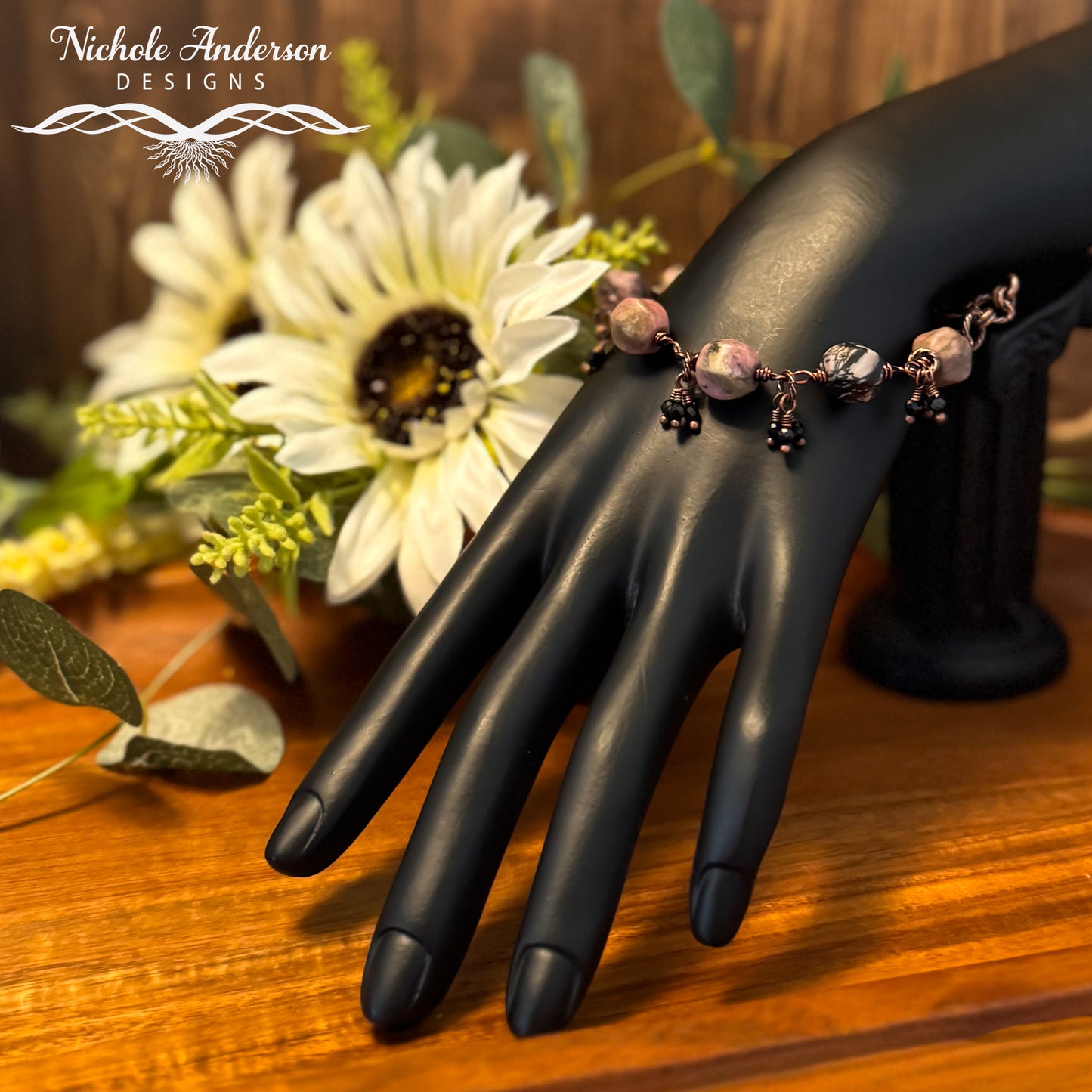 Rhodonite & Spinel Wire-Wrapped Bracelet | Antique Copper Artisan Jewelry