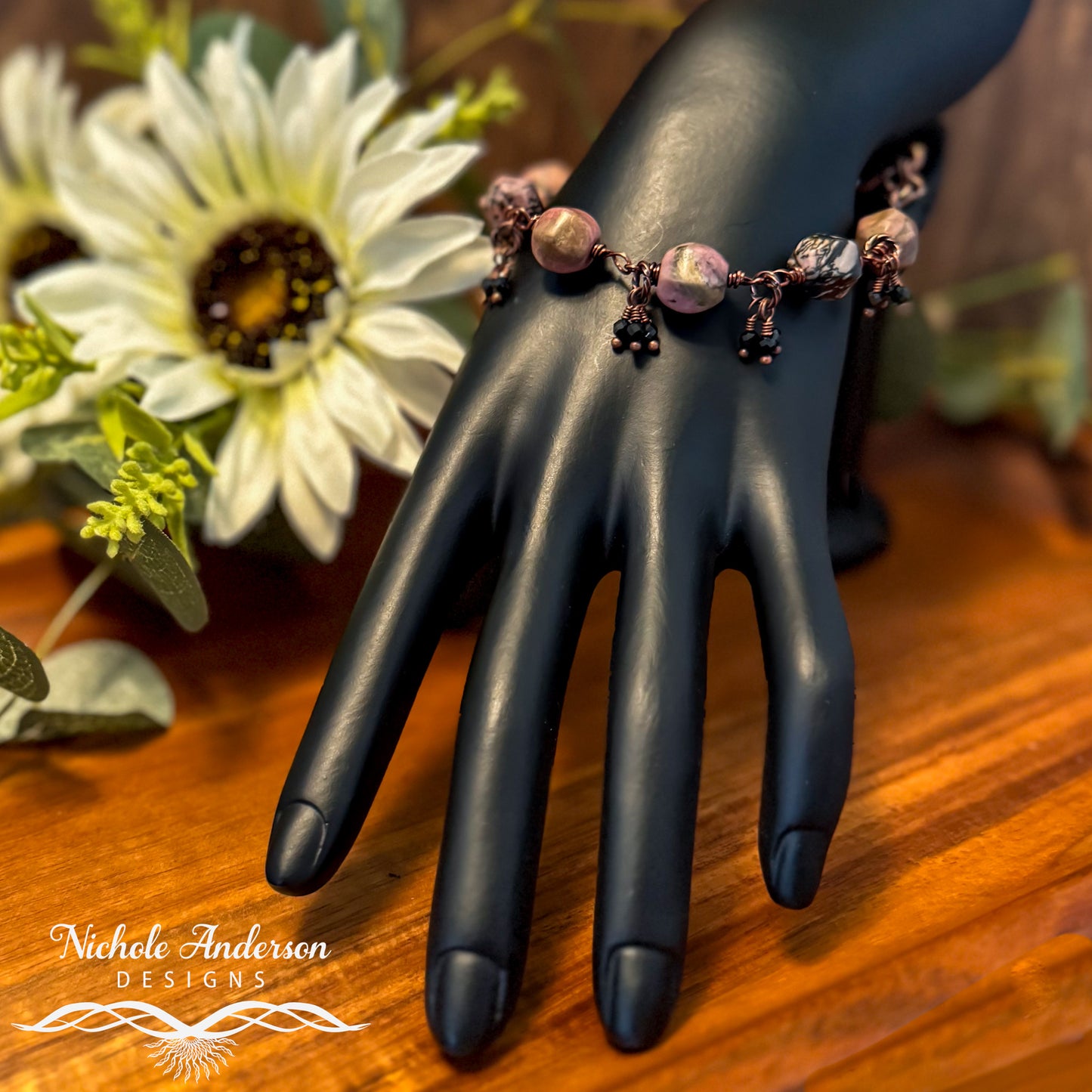 Rhodonite & Spinel Wire-Wrapped Bracelet | Antique Copper Artisan Jewelry