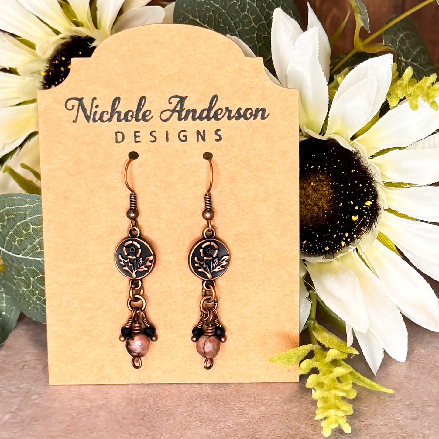 Rhodonite & Spinel Copper Flower Earrings