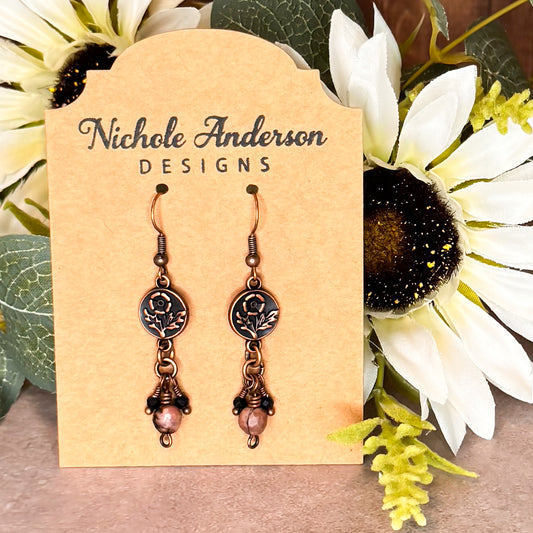 Rhodonite & Spinel Copper Flower Earrings