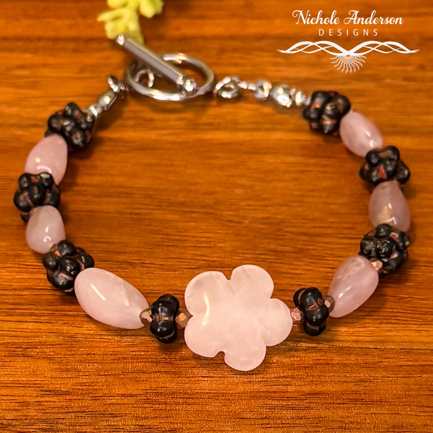 Rose Quartz Carved Flower Bracelet | Czech Glass