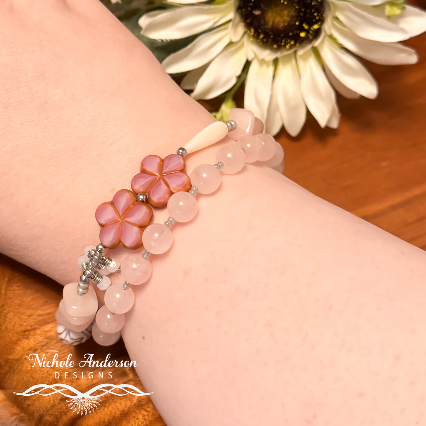 Rose Quartz Floral Beaded Bracelet | Shell Drop & Czech Glass