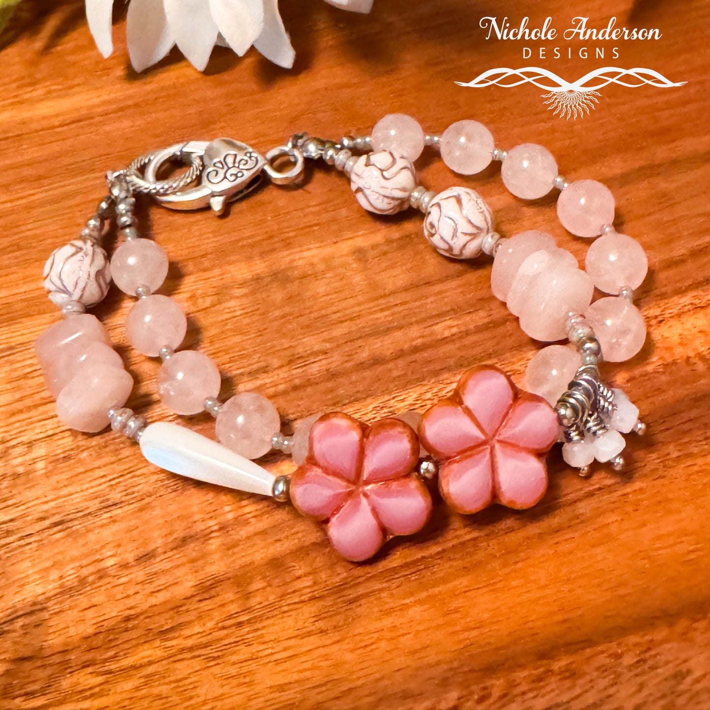 Rose Quartz Floral Beaded Bracelet | Shell Drop & Czech Glass