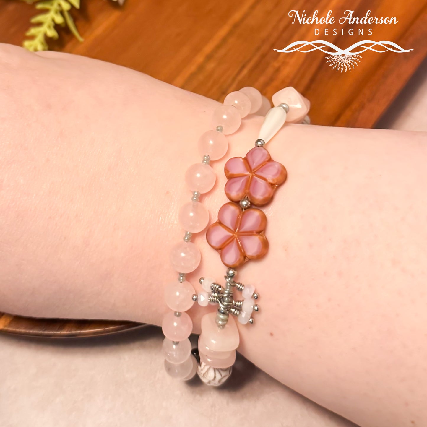 Rose Quartz Floral Beaded Bracelet | Shell Drop & Czech Glass