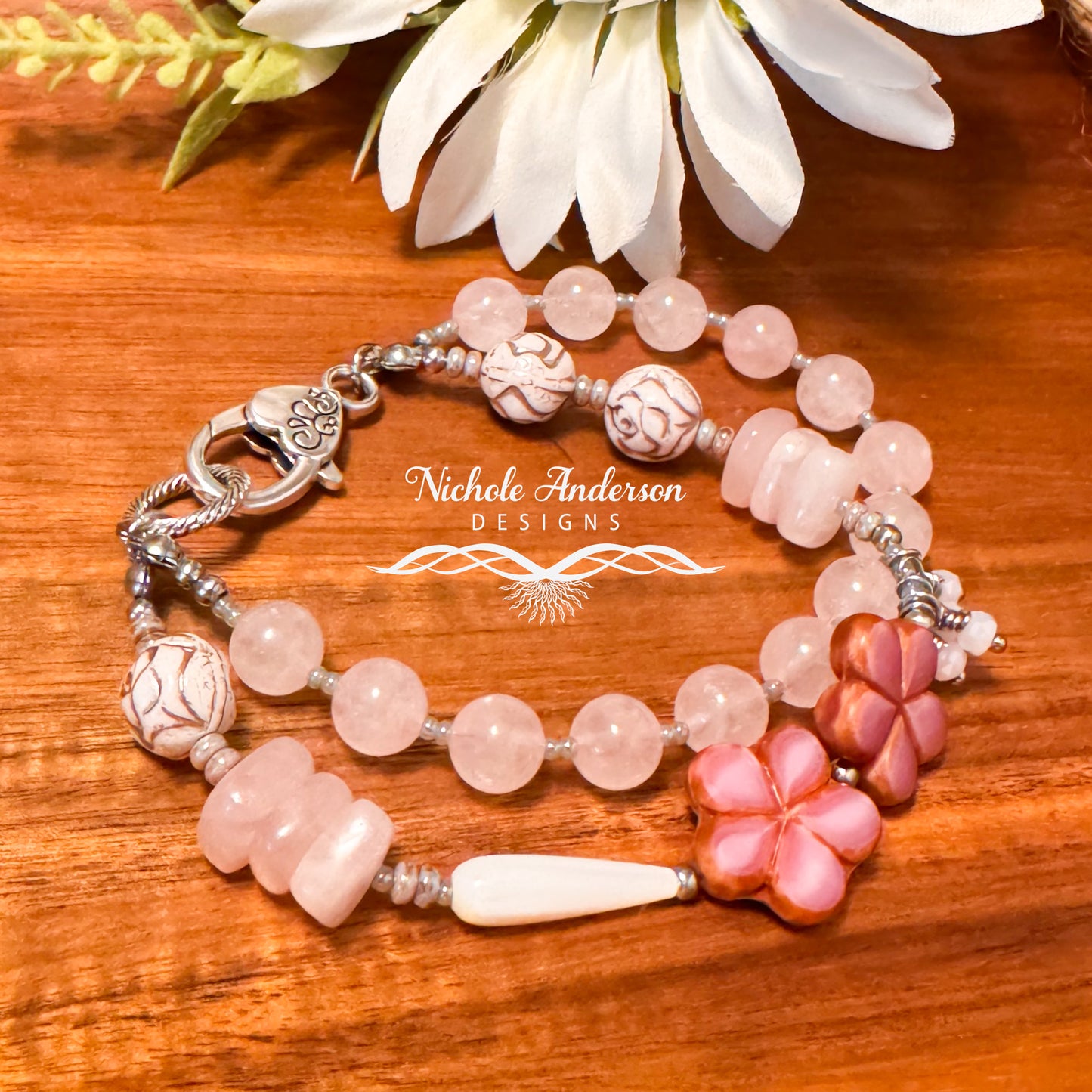 Rose Quartz Floral Beaded Bracelet | Shell Drop & Czech Glass